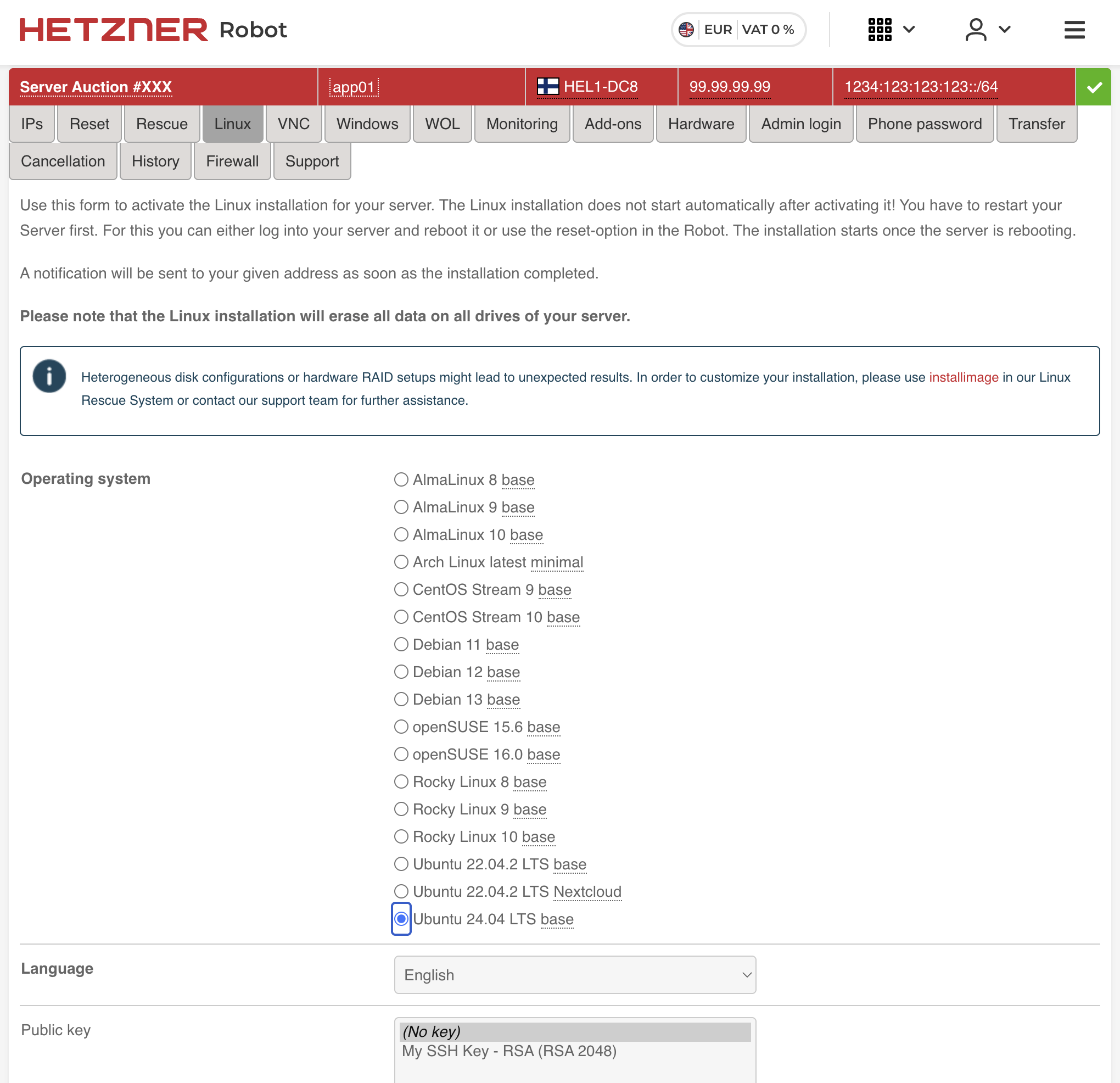 Hetzner Robot Linux installation page showing Ubuntu 24.04 LTS selected